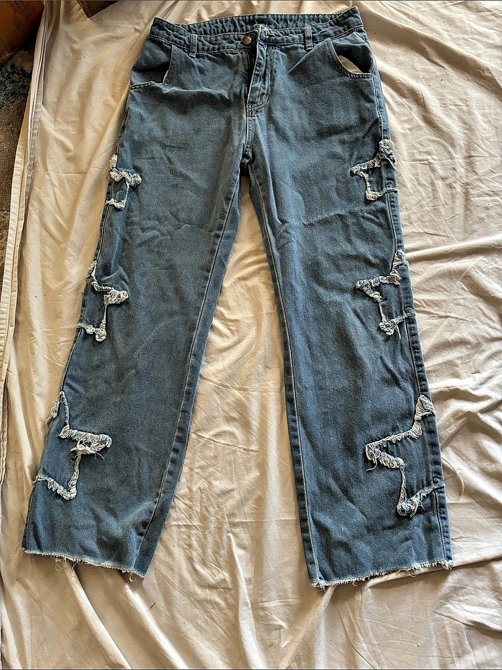Distressed Straight Leg Jeans in Blue Size Large